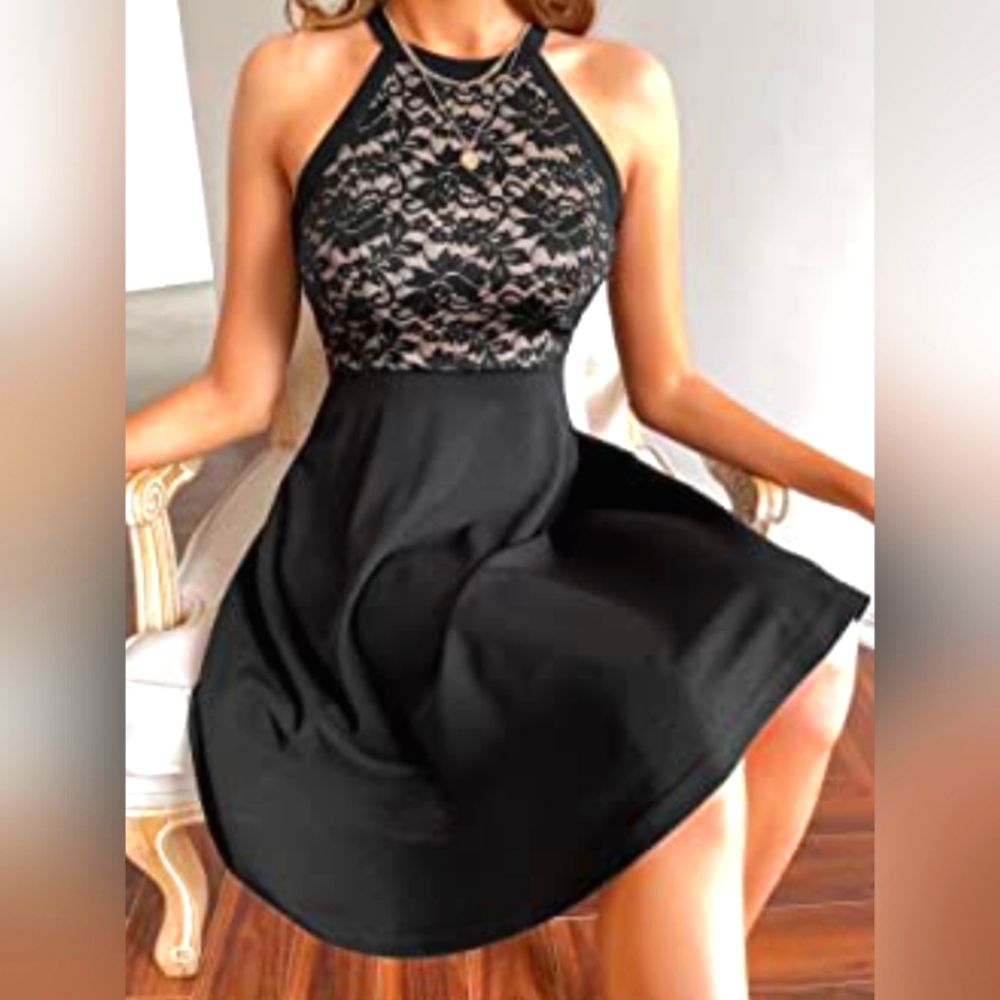 XS Black Halter A Line Dress